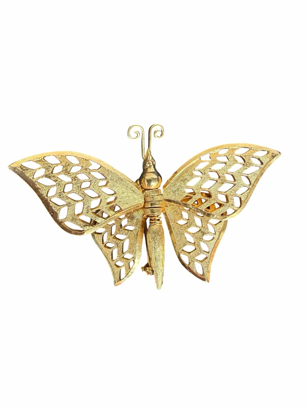 Vintage Gold Tone Filigree Mechanical Butterfly Brooch Pin